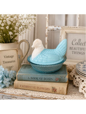 Vintage 5” Blue Milk Glass Hen on Nest Dish | Aqua & White | Cottagecore Decor